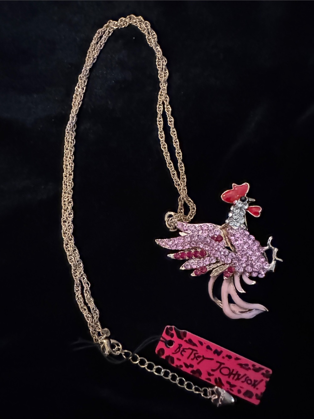 Betsey Johnson Pink & Red Crystal Rooster Pendant Necklace
